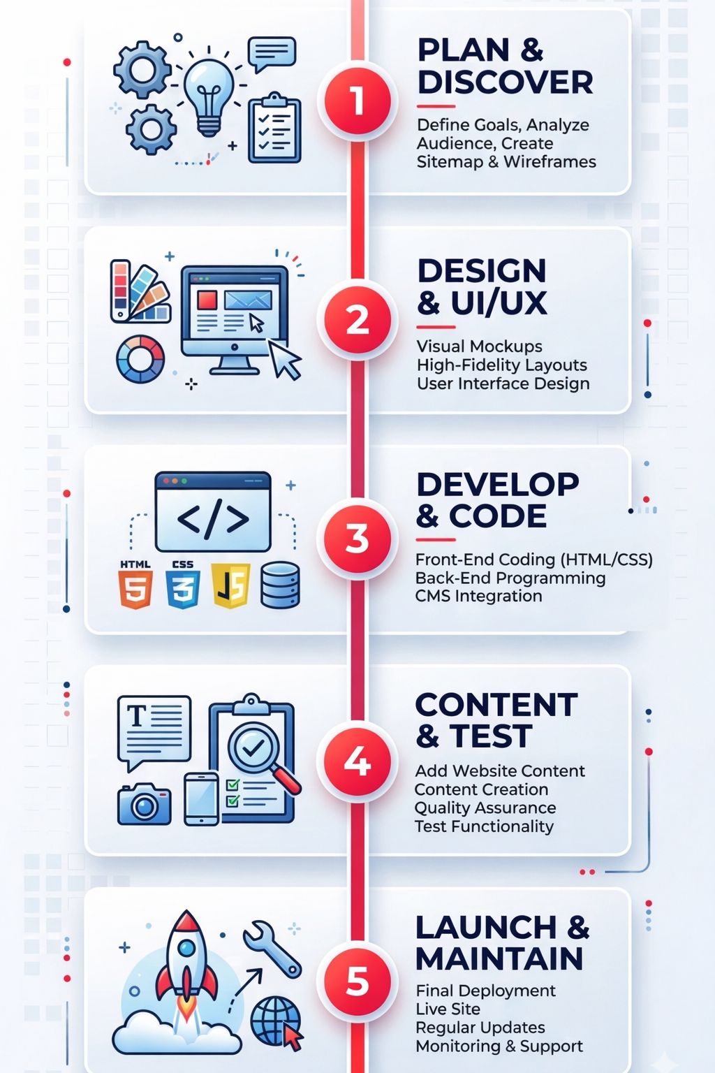 Ubora Solutions 5 step website development vertical timeline infographic